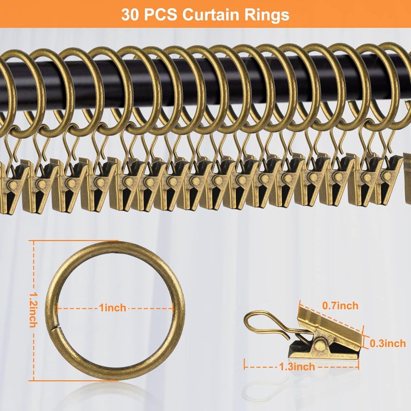 Hanitronic 30 PCS Antique Brass Clips Curtain Hooks for Curtain Rod, This Small Drapery Curtain Ring with Clips Hook Fit Up to 0.4~0.75 -inch Drapery Panel - Image 1